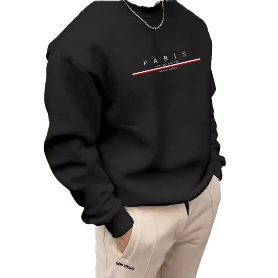 New Men Fashion Printed With Letters Sport Long-sleeved Solid Color Loose Casual Cotton Crew Neck
