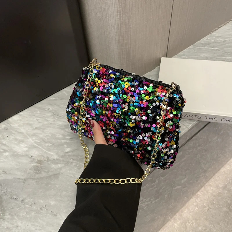 Sequins Crossbody Chain Bag Simple INS Solid Color Sequins Shoulder Bag Mobile Wallet Night Handbag 241023