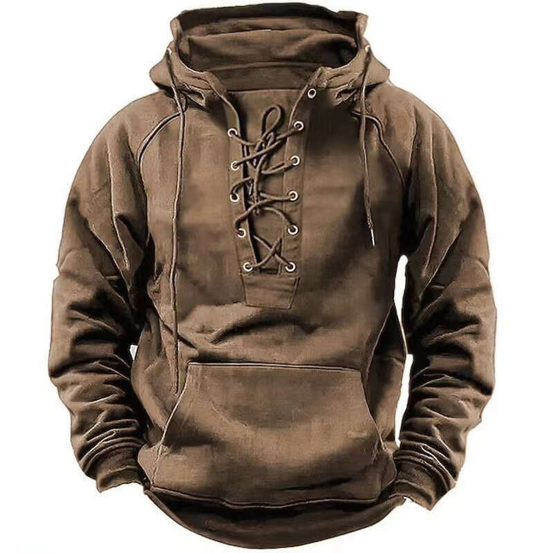 Fashion Autumn Mens Hooded Sweatshirts Lace up Drawstring Long Sleeve Loose Hoodies Men Streetwear Vintage Solid Color