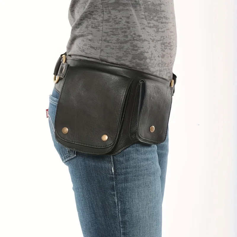 Vintage handmade thick PU waist bag for mobile cycling adjustable ten font outdoor tool small multi-layer leather mobile waist bag 241023