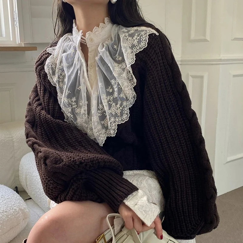 Rimocy Korean Fashion Deep V Neck Knit Sweater Women Twist Balloon Sleeve Sweaters Woman Solid Color Loose Chic Pullover Female 241021
