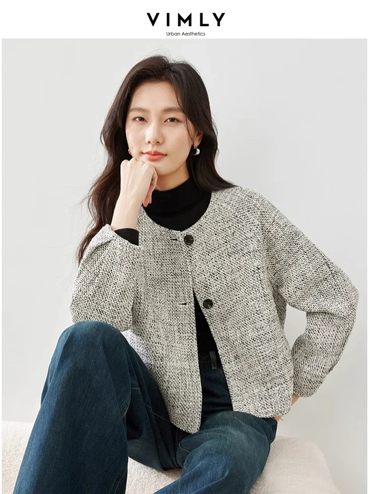 Vimly Plaid O-neck Cropped Coarse Felt Jacket Winter Thick Warm Loose Quilted Coat Office Womens Elegant Womens M5332 241023