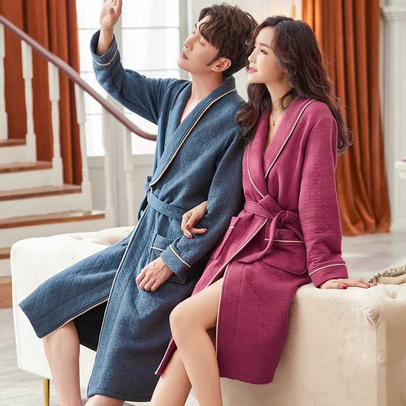 Thr Layers Cotton Couples Bathrobes thin duvet cover V-neck long Sve Lover mens kimono warm mens bathroom jacket W241023