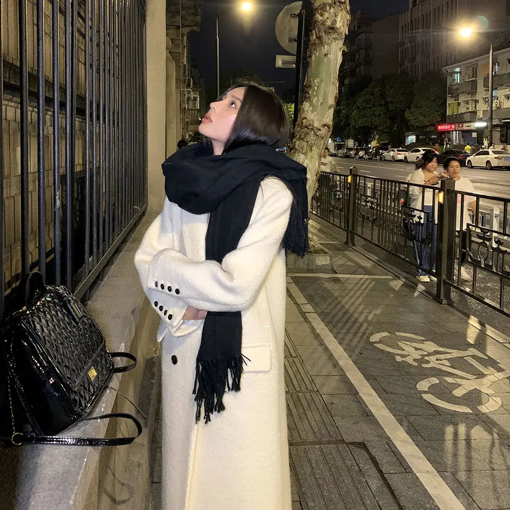 White set wool coat womens winter jacket Korean fashion loose temperature medium length thick wool coat winter clothing 241023