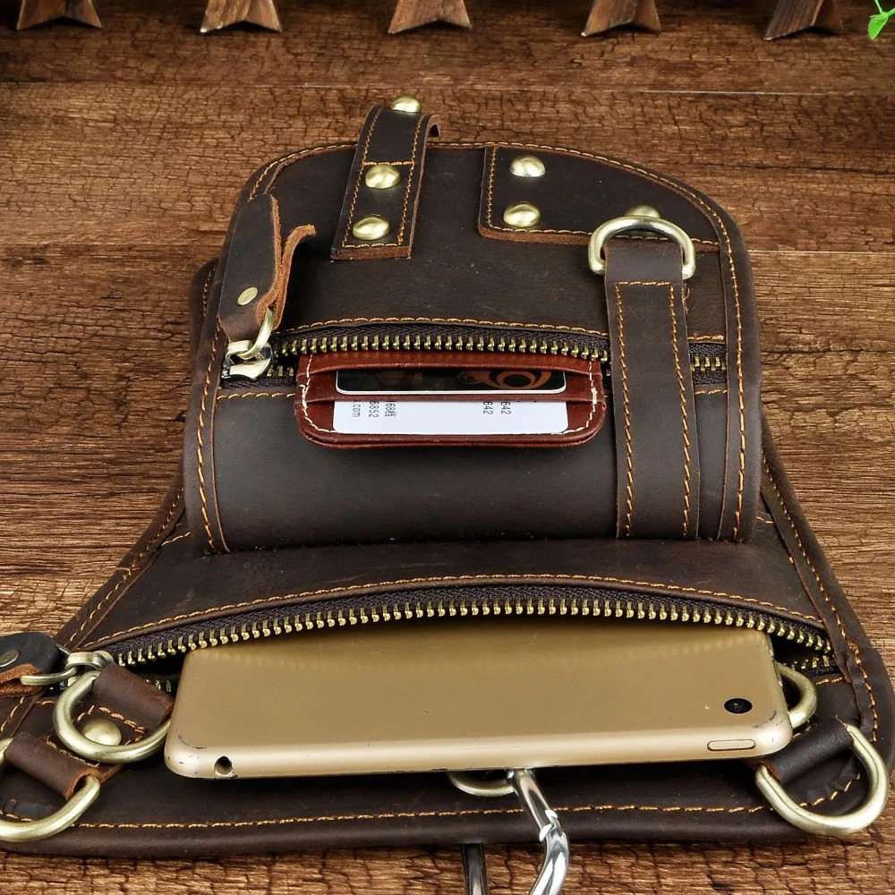 High quality leather mens casual 8-inch flat messenger sling bag multifunctional fashionable travel belt bag leg hanging bag 241023