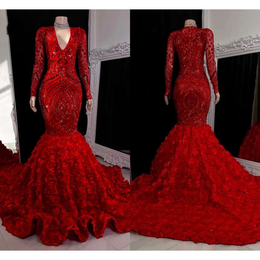 Lace Mermaid Bury Sequin Prom Dresses Black Girls V Neck Long Sleeves Sweep Train Formal Evening Gowns Real Image Bc15403