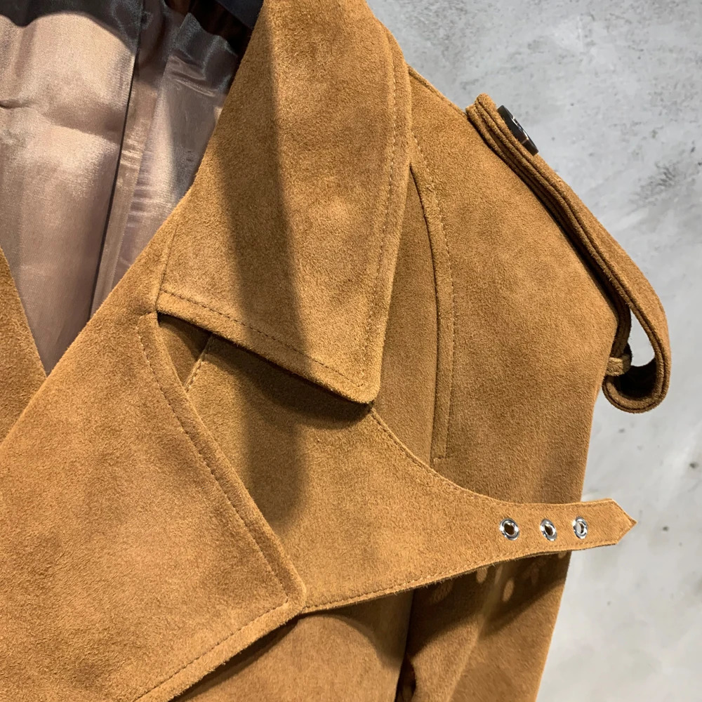 Suede leather coat womens double breasted windproof natural sheepskin coat floor length leather coat womens genuine sheepskin 23023 241023