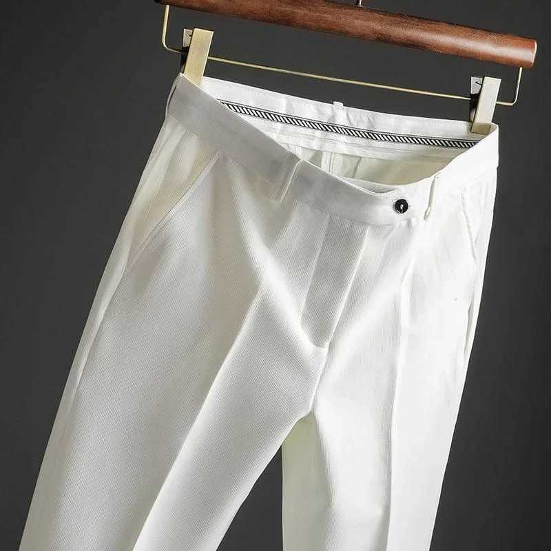 Slim Fit 9 Cropped Male Suit Trousers White Mens Summer Pants Tressed Luxury Spandex High Quality Up Stylish Formal 2024 SlacksX241023