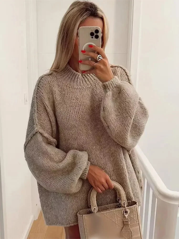 Casual Solid Knit Womens Sweater Lantern Sleeve Loose Lady Pullovers Spring Autumn Knitwear Thick Soft Warm Jumper Tops 241021