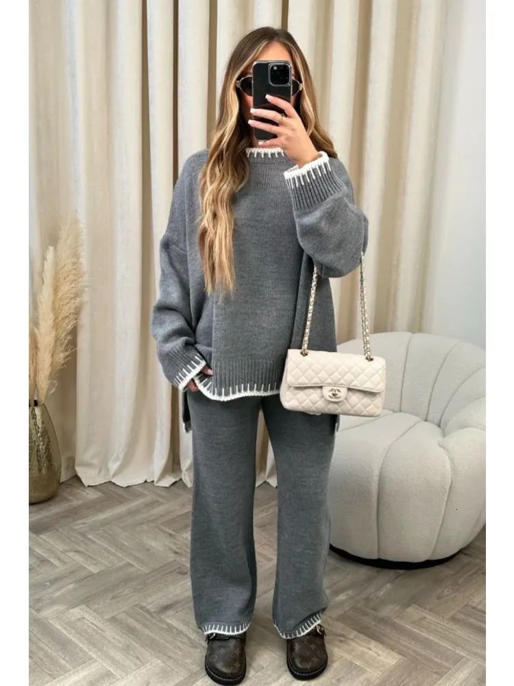 Womens pants set solid color casual loose sports style two-piece clothing autumn and winter simple daily wear 241023