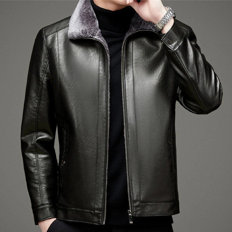 ZDT-8044 Winter Mens Genuine Leather Coat Plush Thick Casual Fur Integrated Collar Motorcycle Leather Jacket Coat 241023