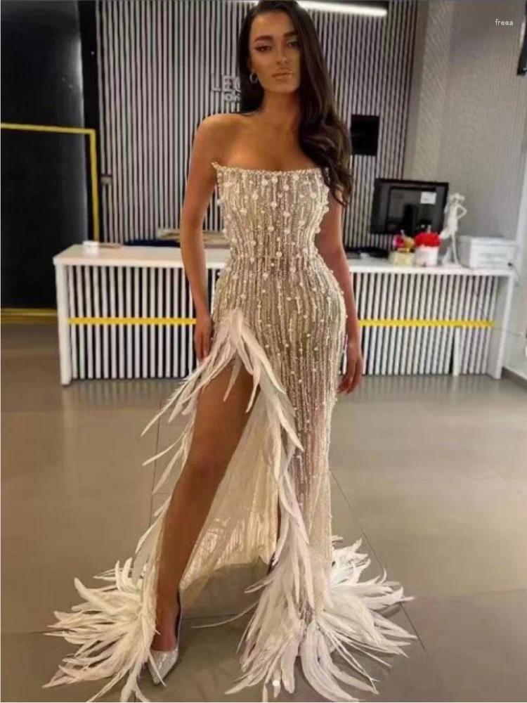 Strapless Pearl Maxi Dress, Sexy High Split Bodycon Evening Gown B1