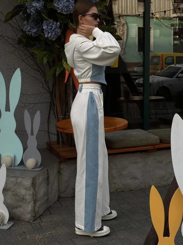 Fashion Patchwork Denim 2-piece Set Womens Ultra Thin Hoodie Cutting Top Wide Leg Sports Pants Suit Casual Track Wear 241023