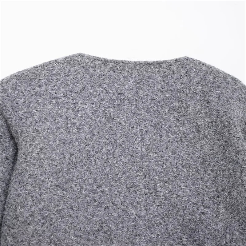 Autumn womens coarse woolen jacket long sleeved round neck short button pocket jacket elegant womens jacket 241023