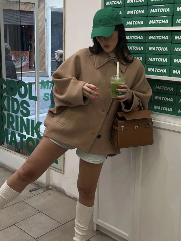 ZBZA Womens Retro Casual Jacket Solid Bat Sleeve Collar Patch Pocket Loose Warm Coarse Floral Coat Autumn/Winter Womens Fashion Coat 241023