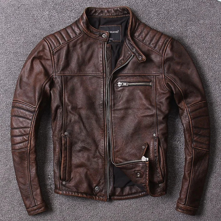 CC store. Vintage style mens cowhide clothing high-quality bicycle leather jacket fashionable black genuine leather jacket. Home slim 241023