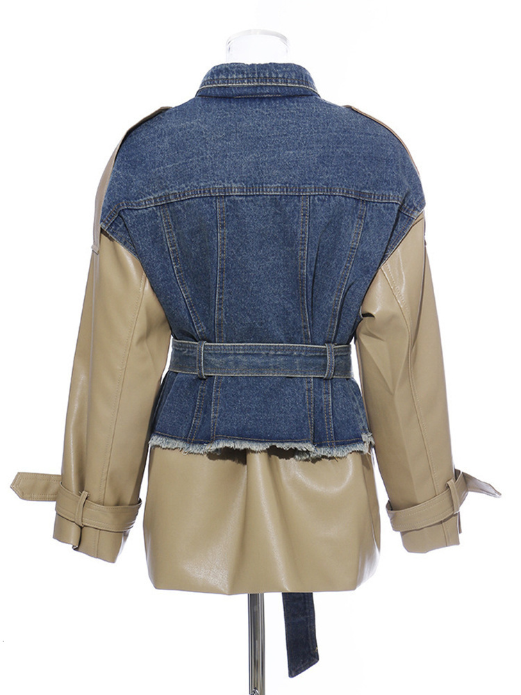 DEAT Fashion Women's Jackets Lapel Loose Single Breasted Long Sleeve Denim Spliced PU Leather Coat Tide Autumn New 2024 17A2722