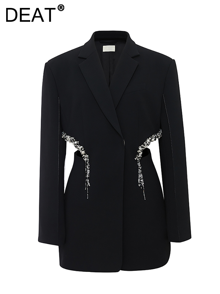 DEAT Fashion Women's Blazer Notched Collar Hidden Breasted Long Sleeve Hollow Out Spliced Crystal Suit Summer 2024 New 17A7109