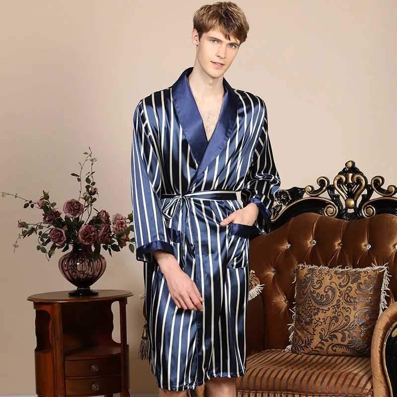 Plus size 5XL silk dress mens spring and summer blue striped Sp dress mens long Sve satin kimono Bathrobe Spwear W241023