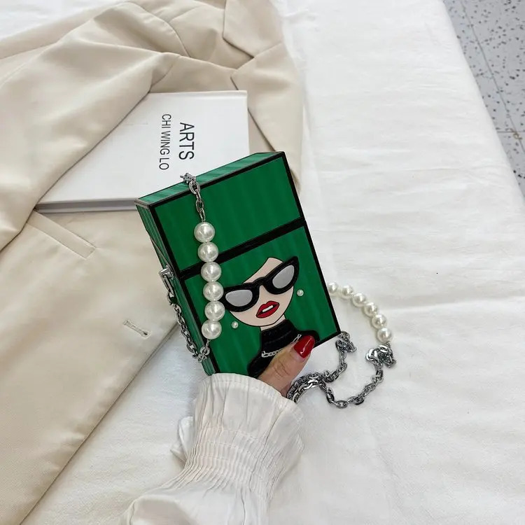 Womens mini shoulder bag interesting cigar box shaped bag fashionable glasses girls chain bag pearl chain handle box bag 241023