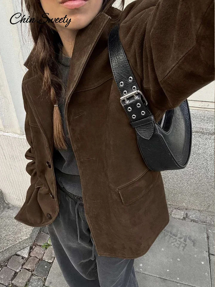 Womens suede jacket loose collar single chest long sleeved pocket jacket womens autumn fashion jacket 241023