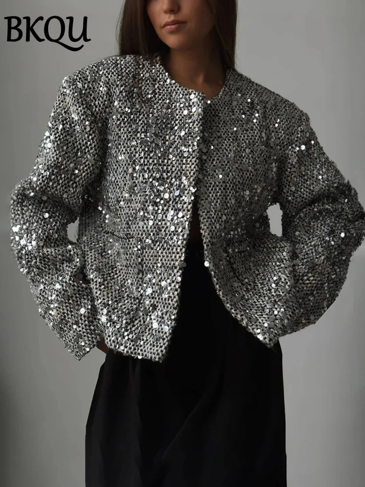 BKQU Tweed Sequined Jackets Women Casual Loose Round Neck Long Sleeved Cropped Silver Cardigan Autumn Female Warm Elegant Coats 241021