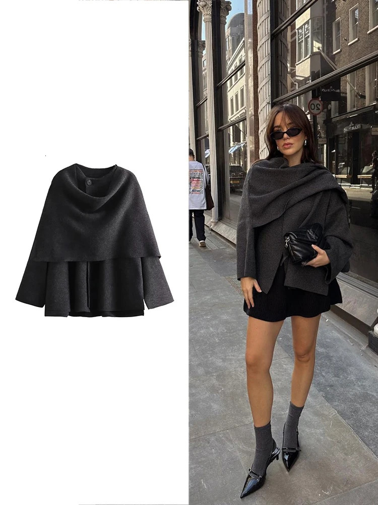 TRAF Womens Autumn and Winter Casual Scarf Collar Coat Pure Color Knit Short Fashion Warm Single Breasted Long Sleeve 241010