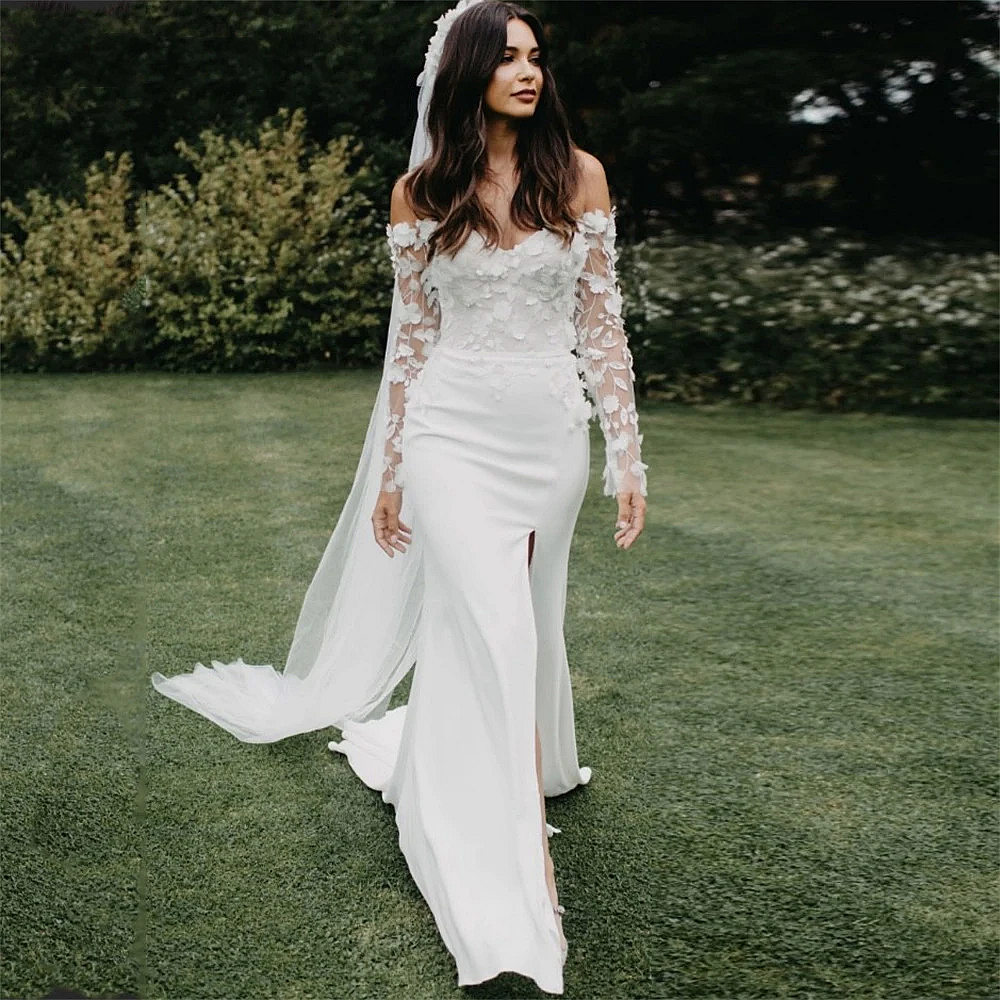 Off The Shoulder Mermaid Wedding Dresses 3D Floral Lace Appliques Long Sleeves Side Slit Bridal Gowns Sweep Train Boho Vestidos Novias