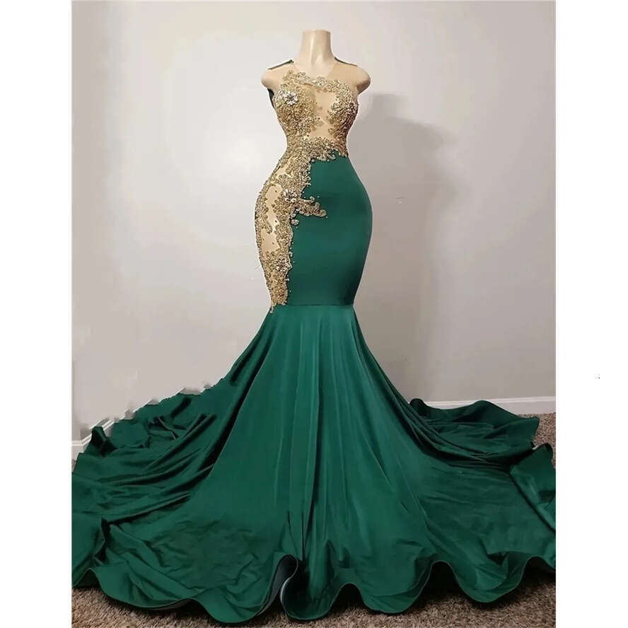 Green African Emerald Mermaid Prom Dress For Black Girl Gold Applique Dia Crystal Gillter Skirt Evening Formal Gown Bc18630 mal