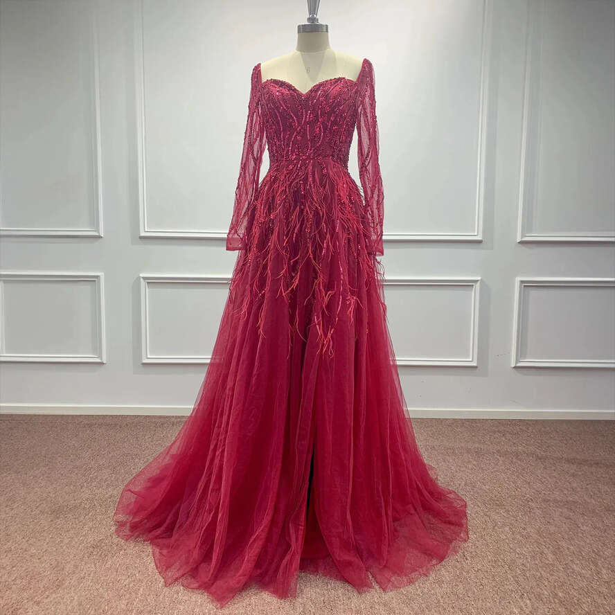 Evening Dubai Long Sleeves Dresses Women Glitter Sequin 2024 Formal Party Prom Gown High Slit Red Tulle Vestidos Bc18235