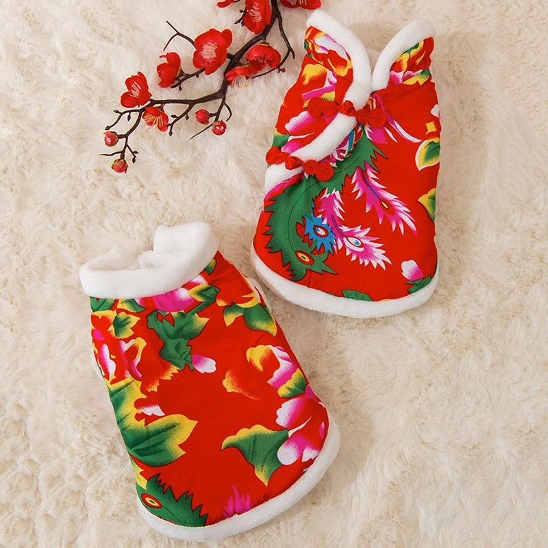 Autumn and winter ethnic style Northeast big flowers cotton jacket dog clothes small and medium-sized dogs Teddy New Year's festive pet clothes