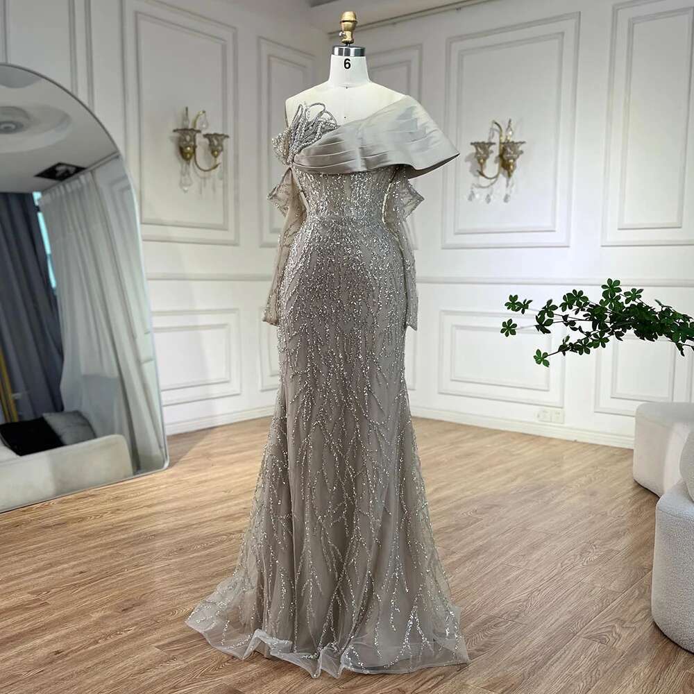 Serene Hill Arabic Nude Pearls Beaded Evening Dresses Dubai Elegant One Shoulder Women Party Gowns 2024