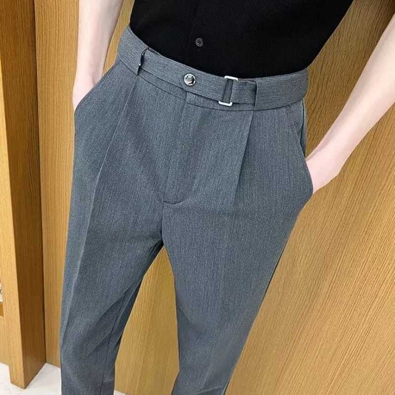 Draped with Belt Man Suits Pants Gray Fluid Trousers for Men Elegant Work Wear Fashion Vintage New in Slacks Tailoring Fabric UpX241023