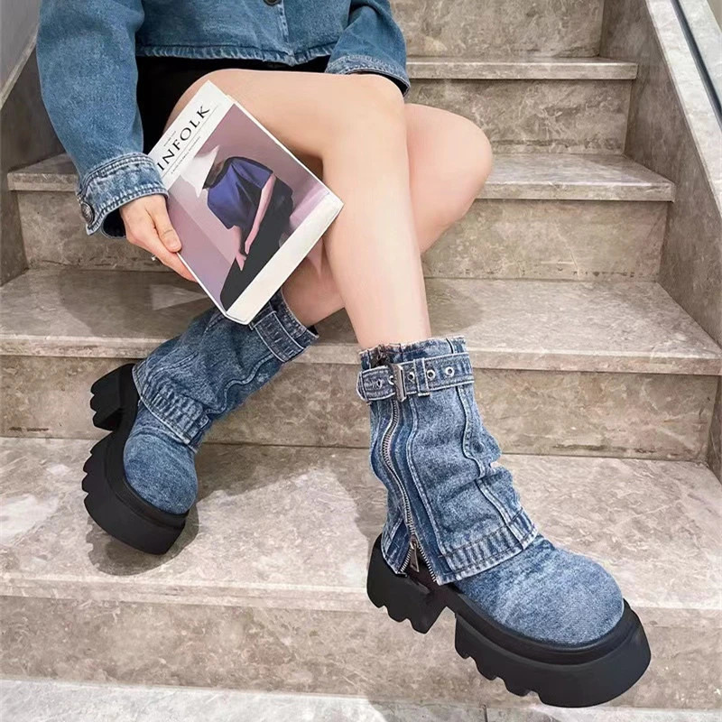 Platform Shoes Cowboy Boots for Women Round Toe Square Heel Mid Calf High Women Boots Punk Street Style Outdoor Denim Solid 241022