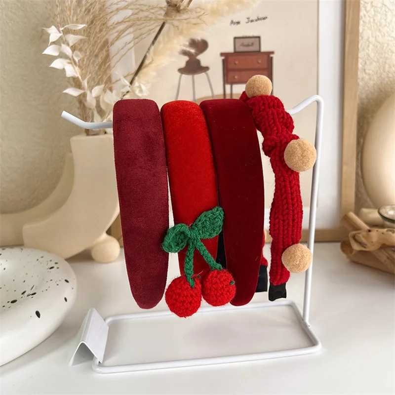 Vintage Red Womens Headband Woolen Velvet Hair Band Headwear Girl Wide Side Sponge Hair Hoop Christmas New Year Hair AccessoriesX241021