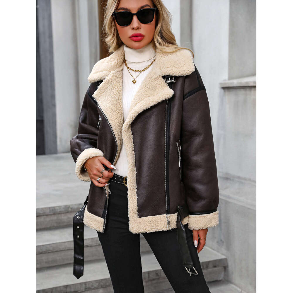 FTLZZ Winter Women Faux Lamb Fur Leather Jacket Casual Lady Thick Warm Coat High Street Motorcycle Outwear