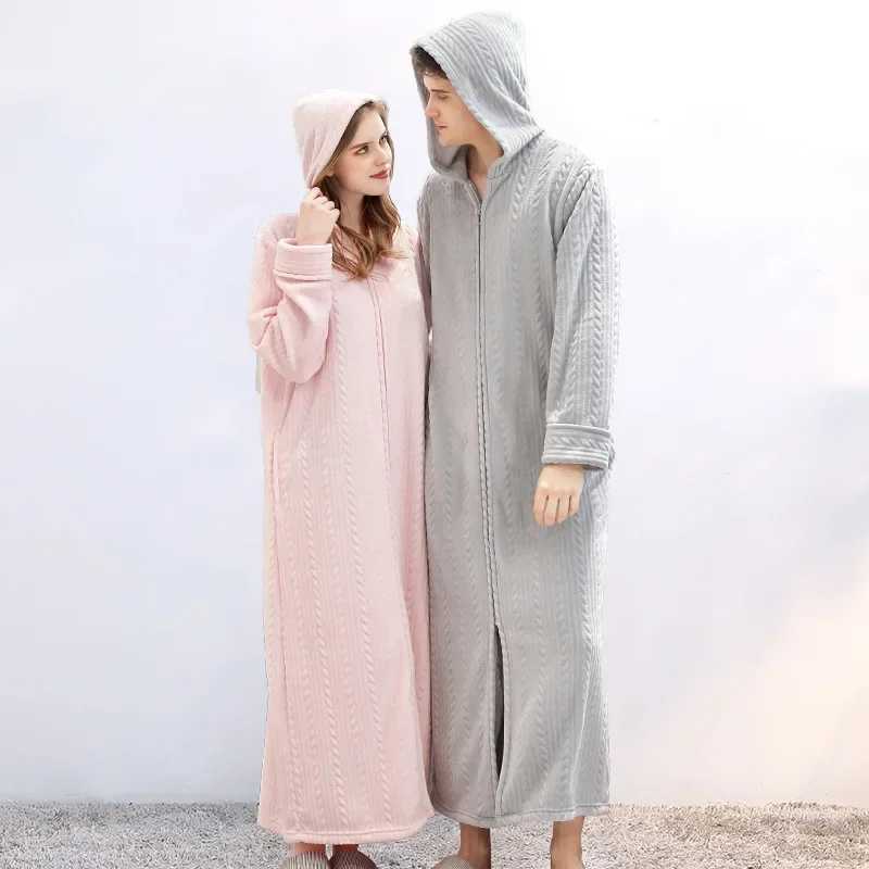 New couple shower clothes winter Spwear warm bath clothes mens flannel bathrobe hooded long skirt pajamas mens zipper dress W241023