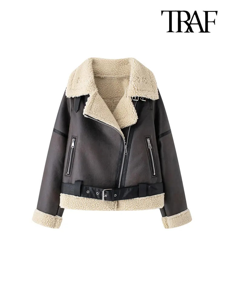 TRAF Womens Thick Warm Suede Jacket with Belt Long Sleeve Coat Artificial Cut Womens Wear Fashion Top Winter Fashion 241023