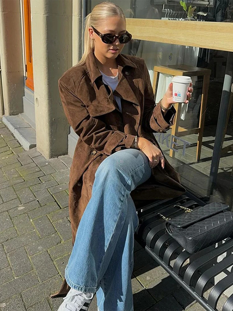 Retro suede long womens jacket casual lapel single chest lace jacket autumn fashion womens jacket retro jacket 241022