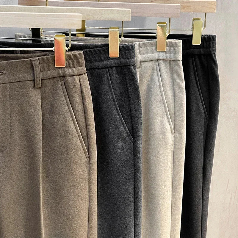 Autumn Winter Mens Thick Suit Pants Fashion Casual Slim Straight Drape Classic Business Woolen Cloth Formal Male Trousers 241010