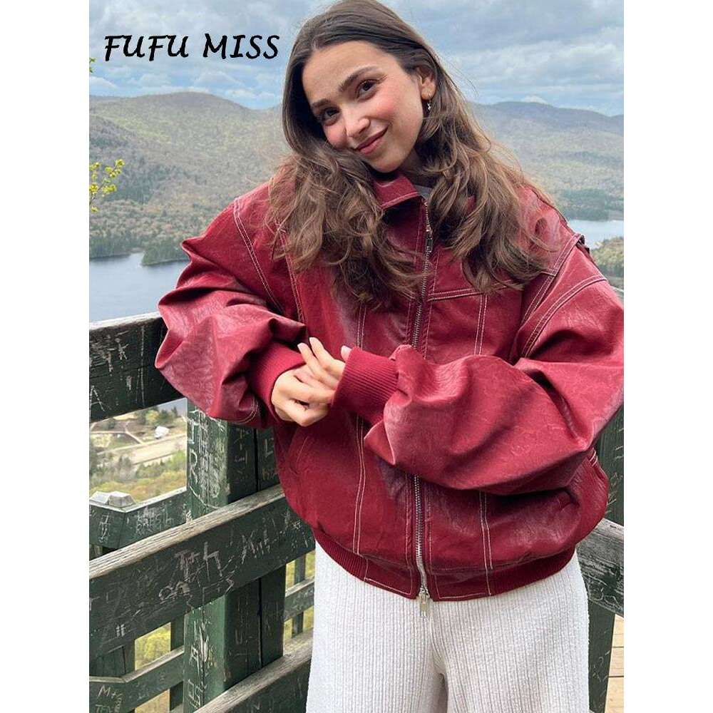 Vintage Solid Lapel Leather Jacket Women Long Sleeve Zipped Pocket Loose Coat 2024 Autumn Lady High Street Locomotive Outerwear