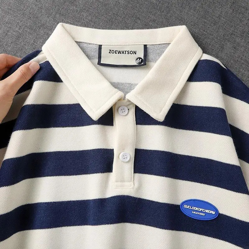 Summer Men Striped Short Sleeve Polo Shirts Preppy Style Streetwear Fashion Male Clothes Basic Casual Loose Versatile Tops 241010