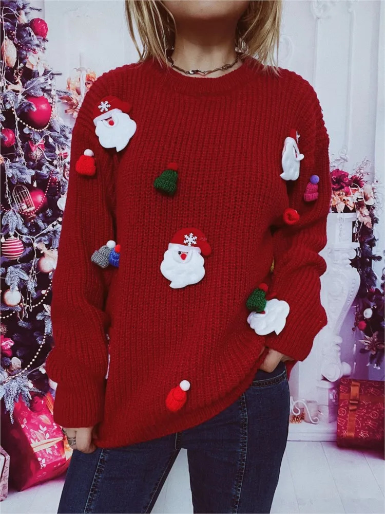 Ugly Christmas Santa Claus Knitted Sweater Women Autumn Winter Fashion Loose ONeck Long Sleeve Red Pullover Jumper 241021