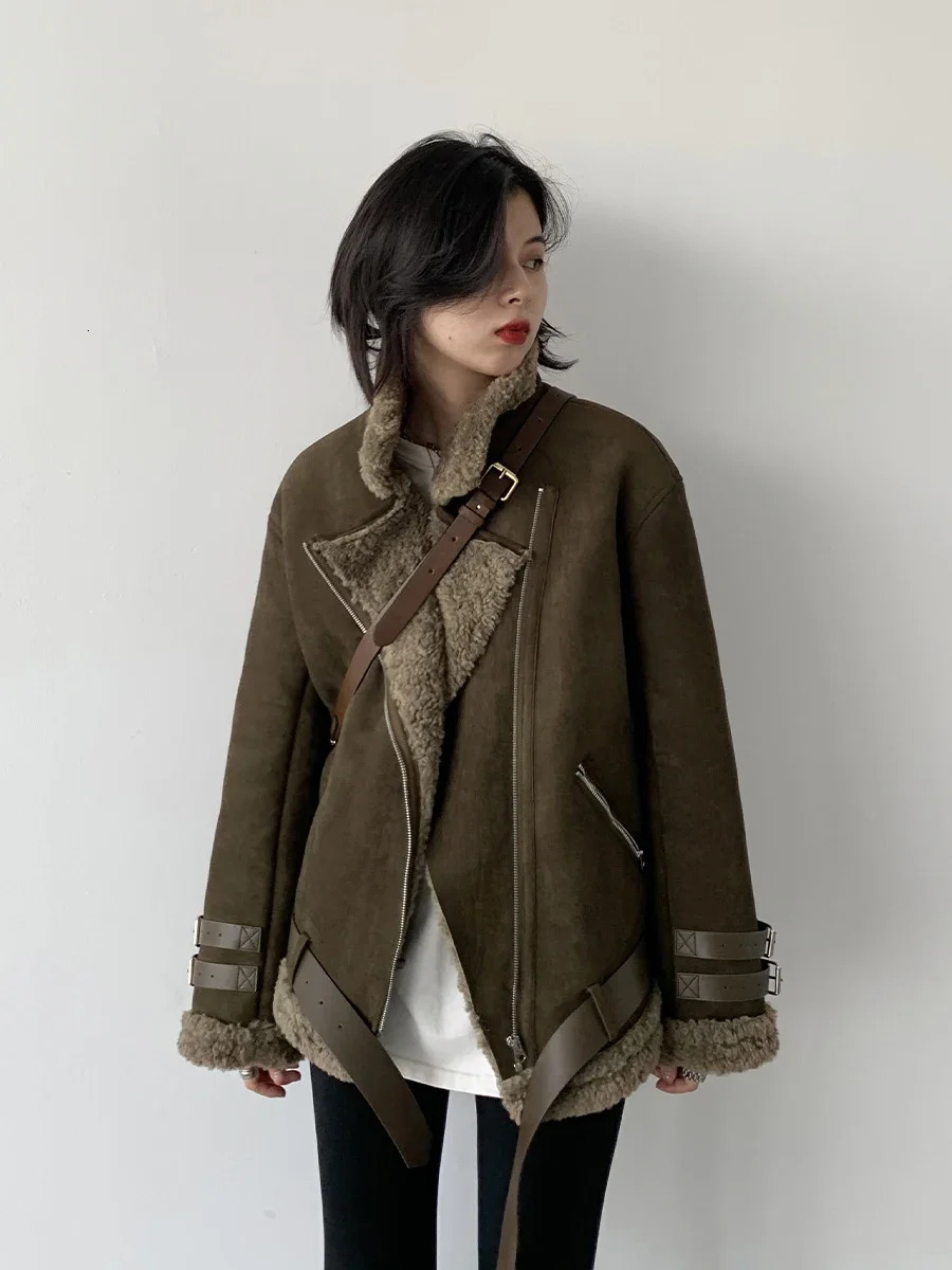 CHIC VEN Winter Jacket Womens Thick Artificial Suede Leather Jacket Street Retro Motorcycle Jacket Thick Plush Warm Bicycle Womens 241023