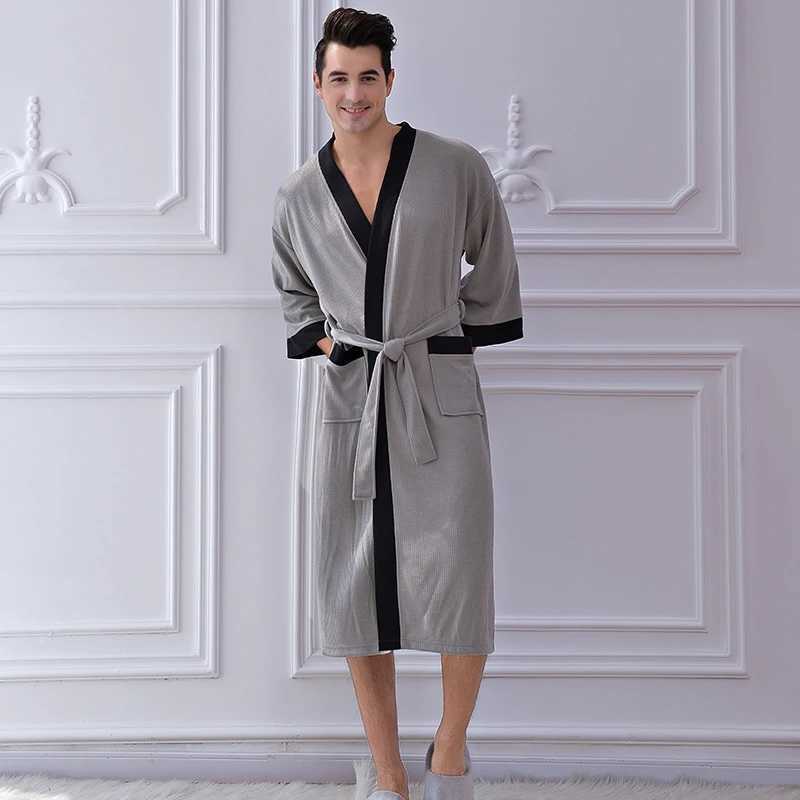 Spring and summer mens Sp long robe cotton Wfle Bathrobes gray warm soft evening gown plus size robe M XL XXL W241023