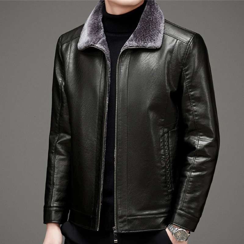 ZDT-8044 Winter Mens Genuine Leather Coat Plush Thick Casual Fur Integrated Collar Motorcycle Leather Jacket Coat 241023