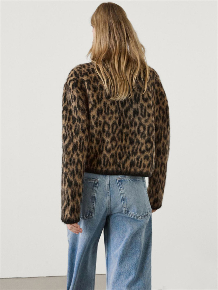 Tossy Female Leopard Sweater Fashion Printed Contrast Loose Long Sleeve Commute Cropped Coat Women's Autumn Cardigan