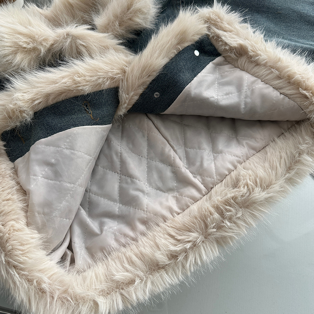 OIINAA Denim Women Fur Collar Vintage Jackets Cropped Coat Fashion Pockets Jean Skirt 2 Piece Sets Womens Outifits