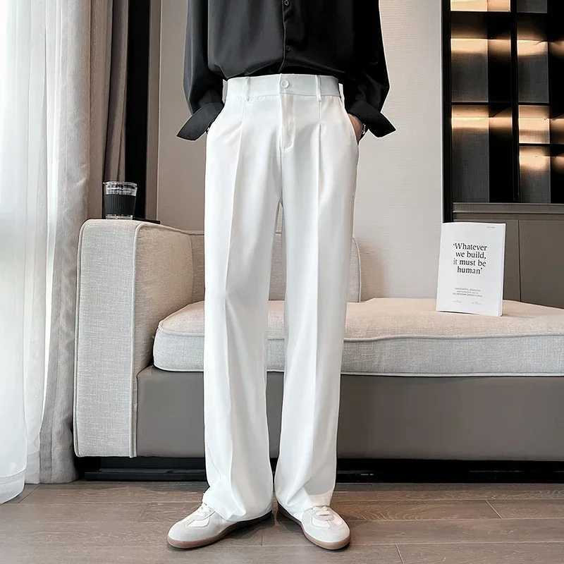 New Men Suit Pants Solid Full Baggy Casual Wide Leg Trousers Black White High Waist Straight Bot Streetwear Oversize PantsX241023