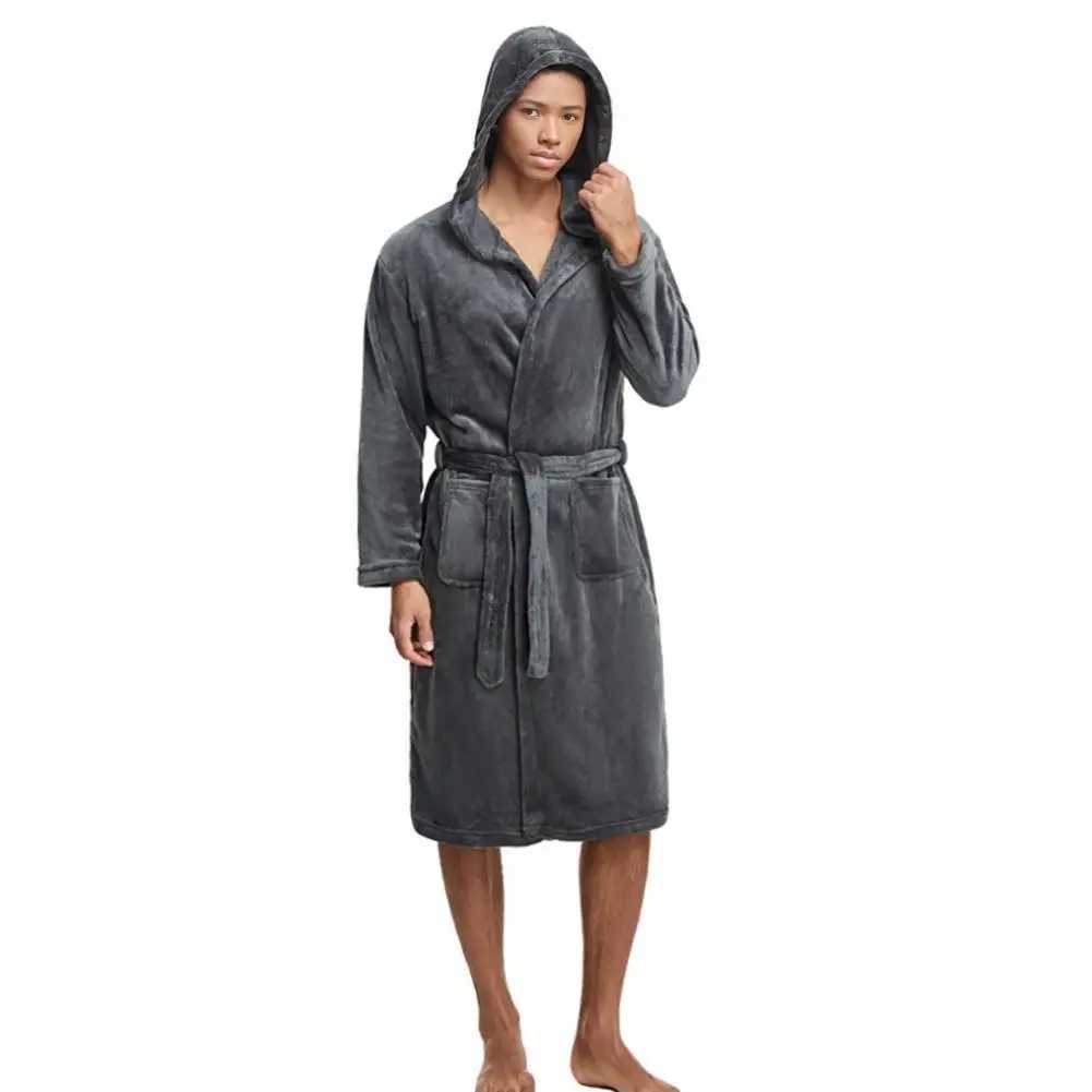 2024 Winter Mens Bathroom Solid Color with Flannel Hooded Bathrobe Pocket Warm Mens Evening Dress Spwear Mens Clothing W241023